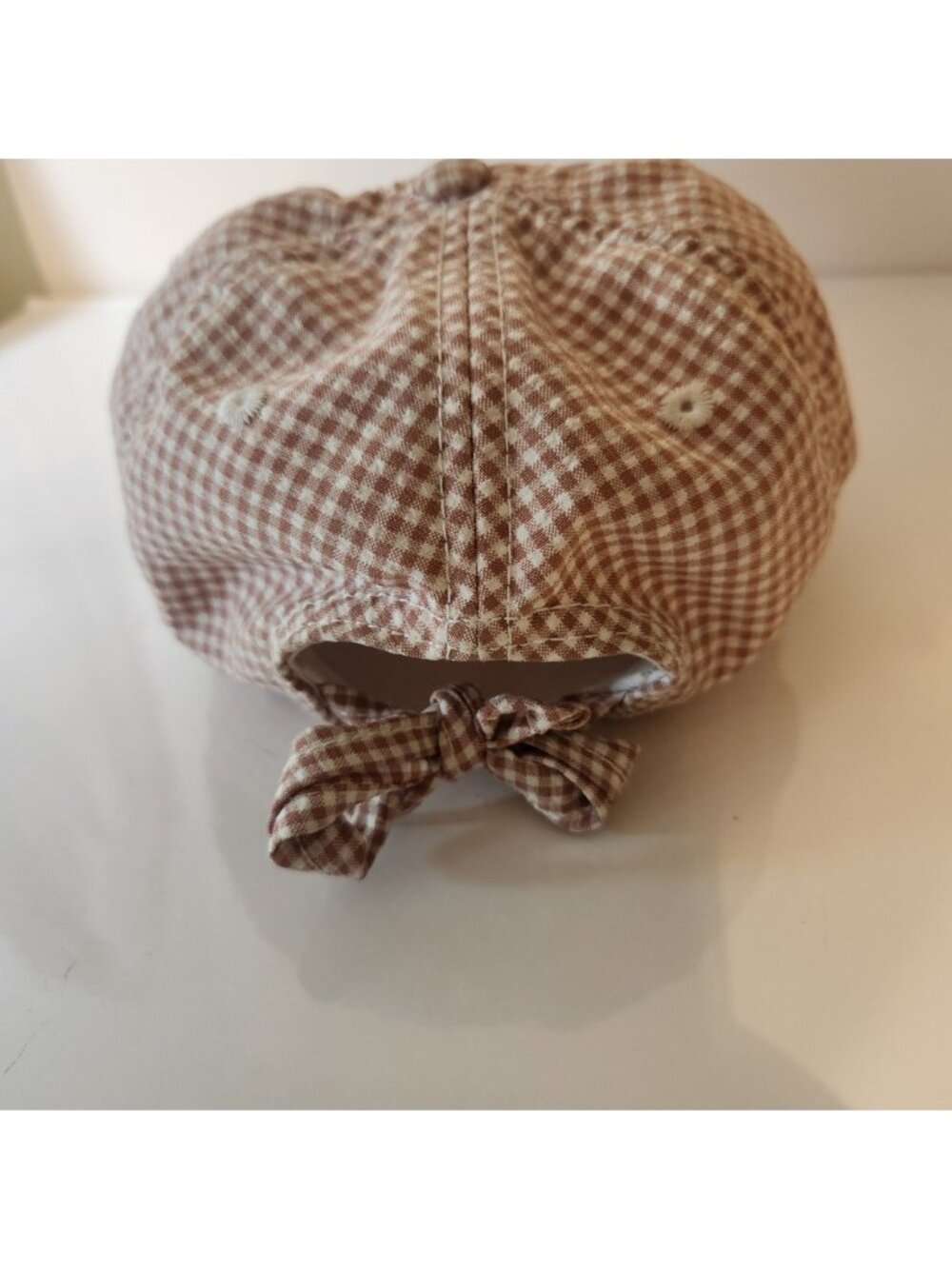 Madewell Gingham Check Tie Back Baseball Cap Tan White Bow Adjustable Hat
